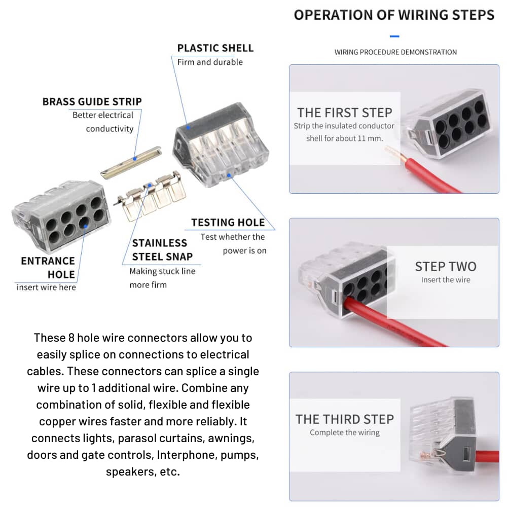 PCT-108 push in wire connectors with stranded wire