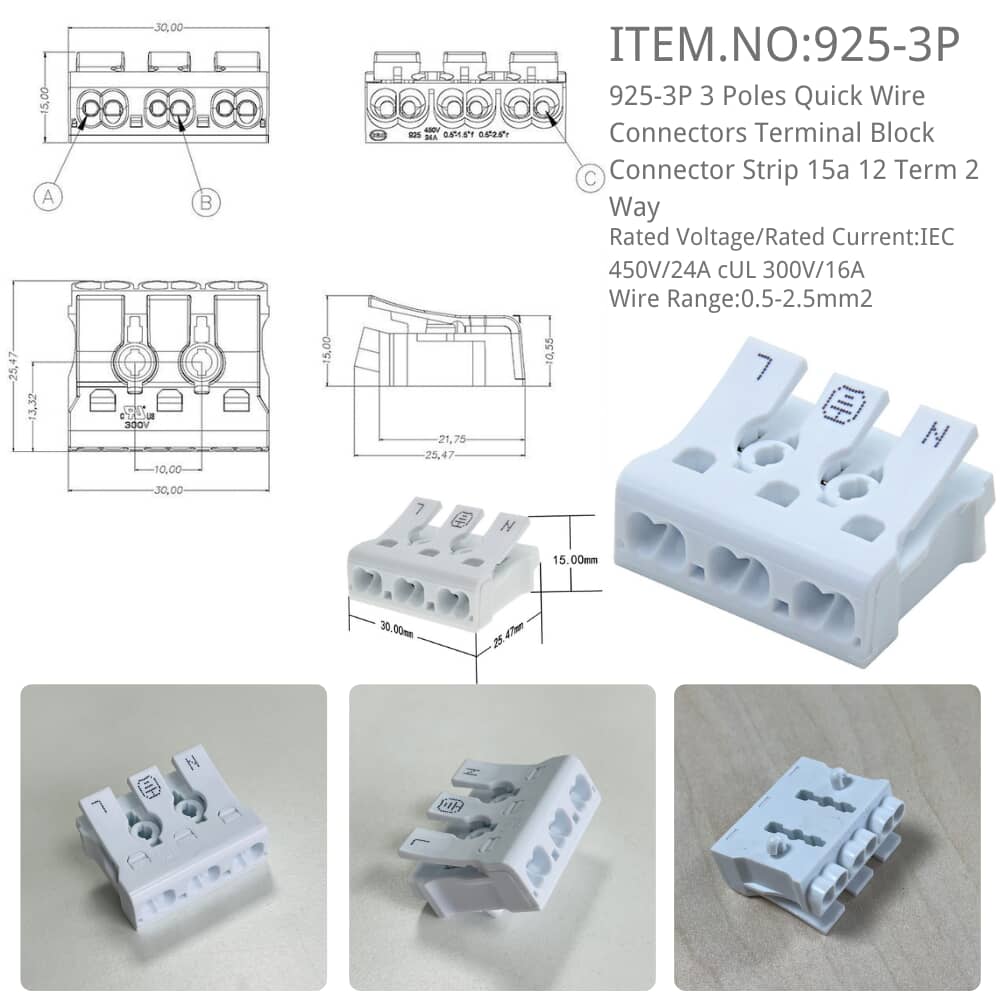 925-3P Terminal Block Connector Strip 15a 12 Term 2 Way